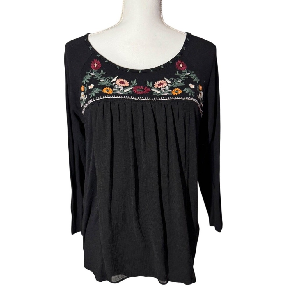 Skies Are Blue Embroidered Floral Peasant Top Size M Black Excellent Boho Blouse